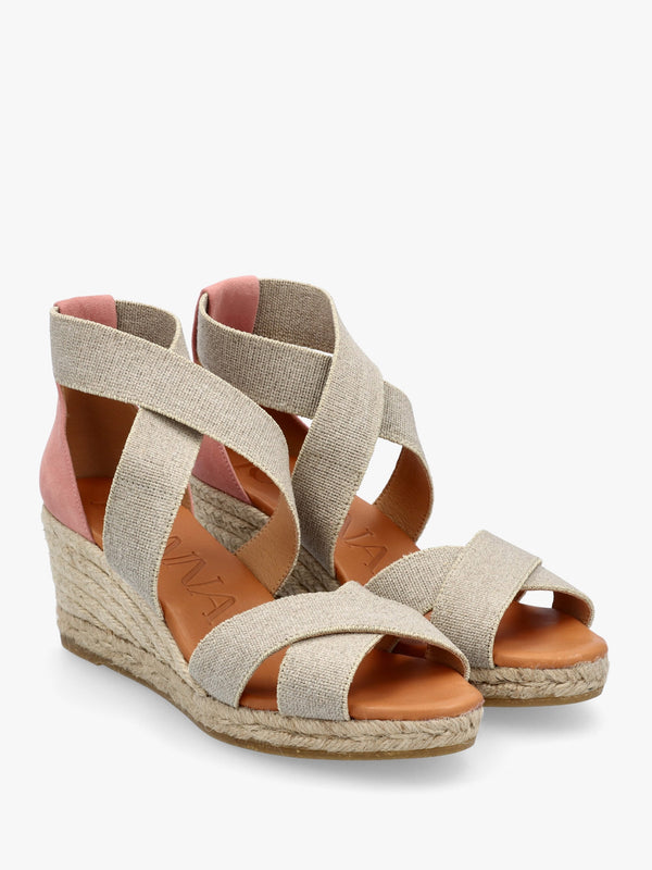 Laura Beige Elasticated Cross Strap Wedge Espadrilles