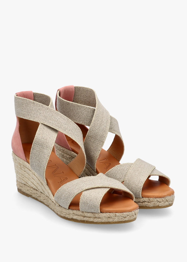 Laura Beige Elasticated Cross Strap Wedge Espadrilles
