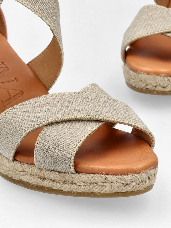 Laura Beige Elasticated Cross Strap Wedge Espadrilles