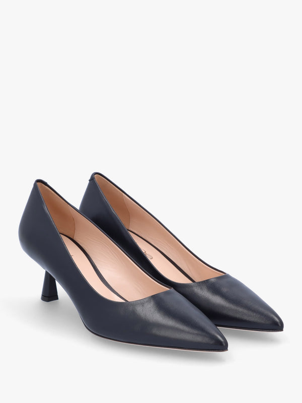Navy Leather Low Heel Court Shoes