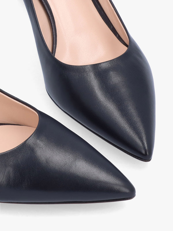 Navy Leather Low Heel Court Shoes