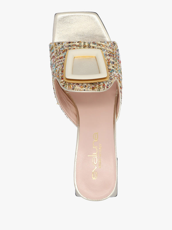 Gold Woven Block Heel Mules