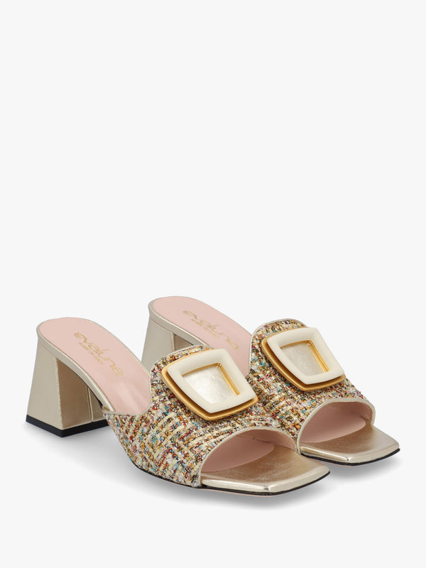 Gold Woven Block Heel Mules
