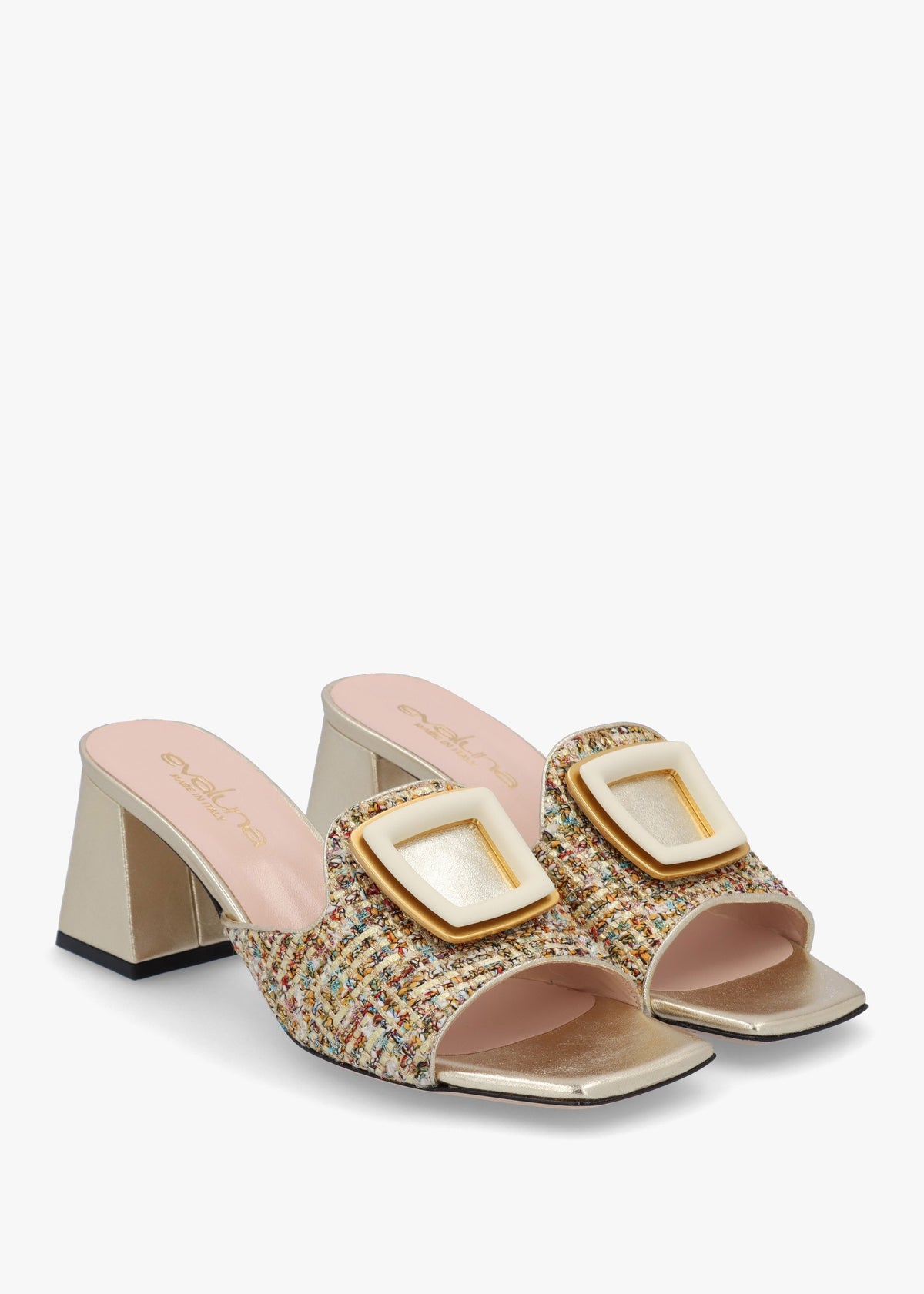 Gold Woven Block Heel Mules