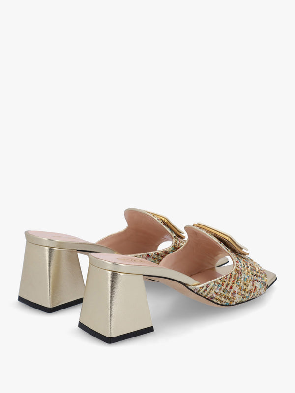 Gold Woven Block Heel Mules