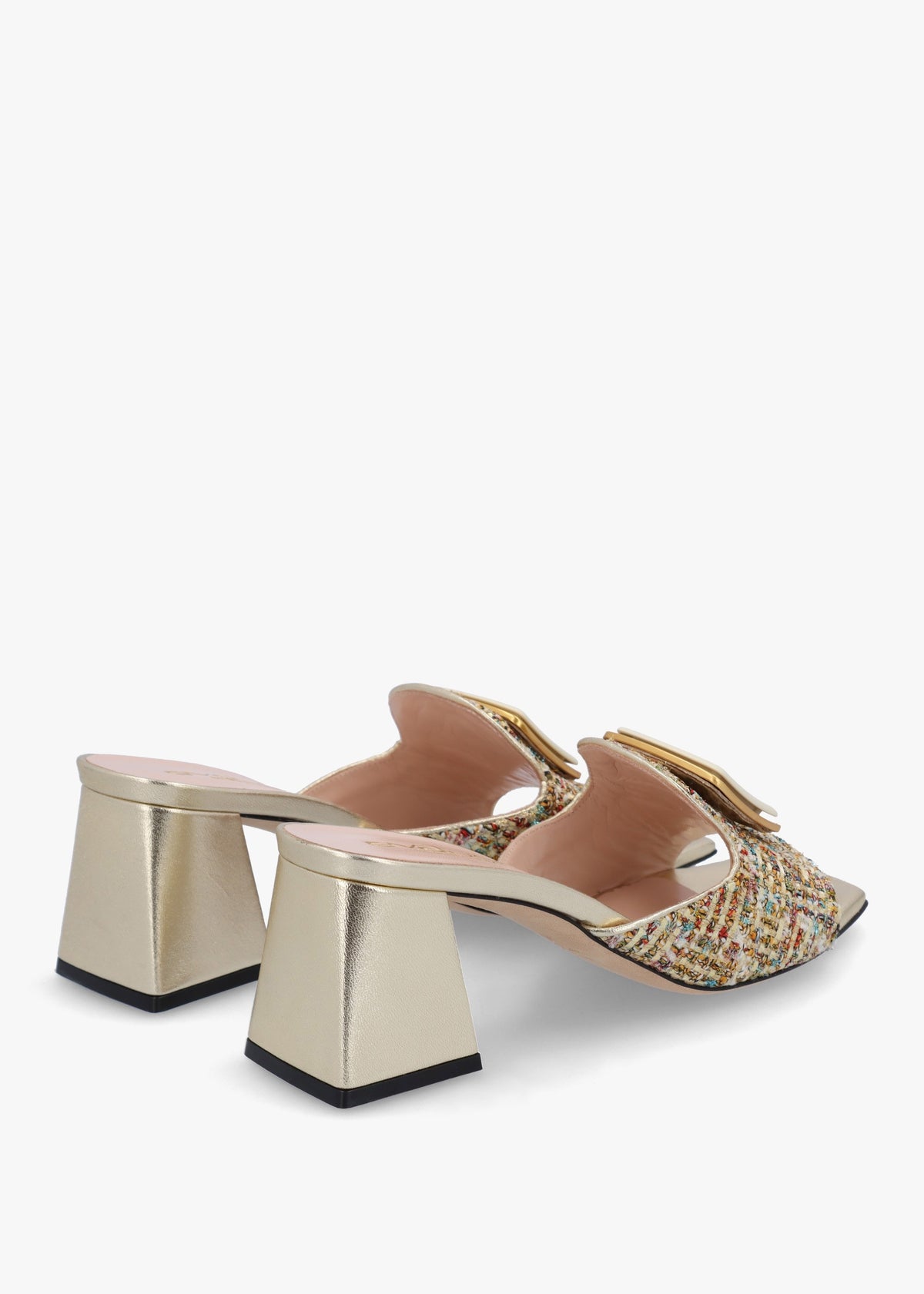 Gold Woven Block Heel Mules