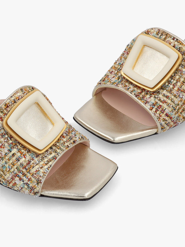 Gold Woven Block Heel Mules