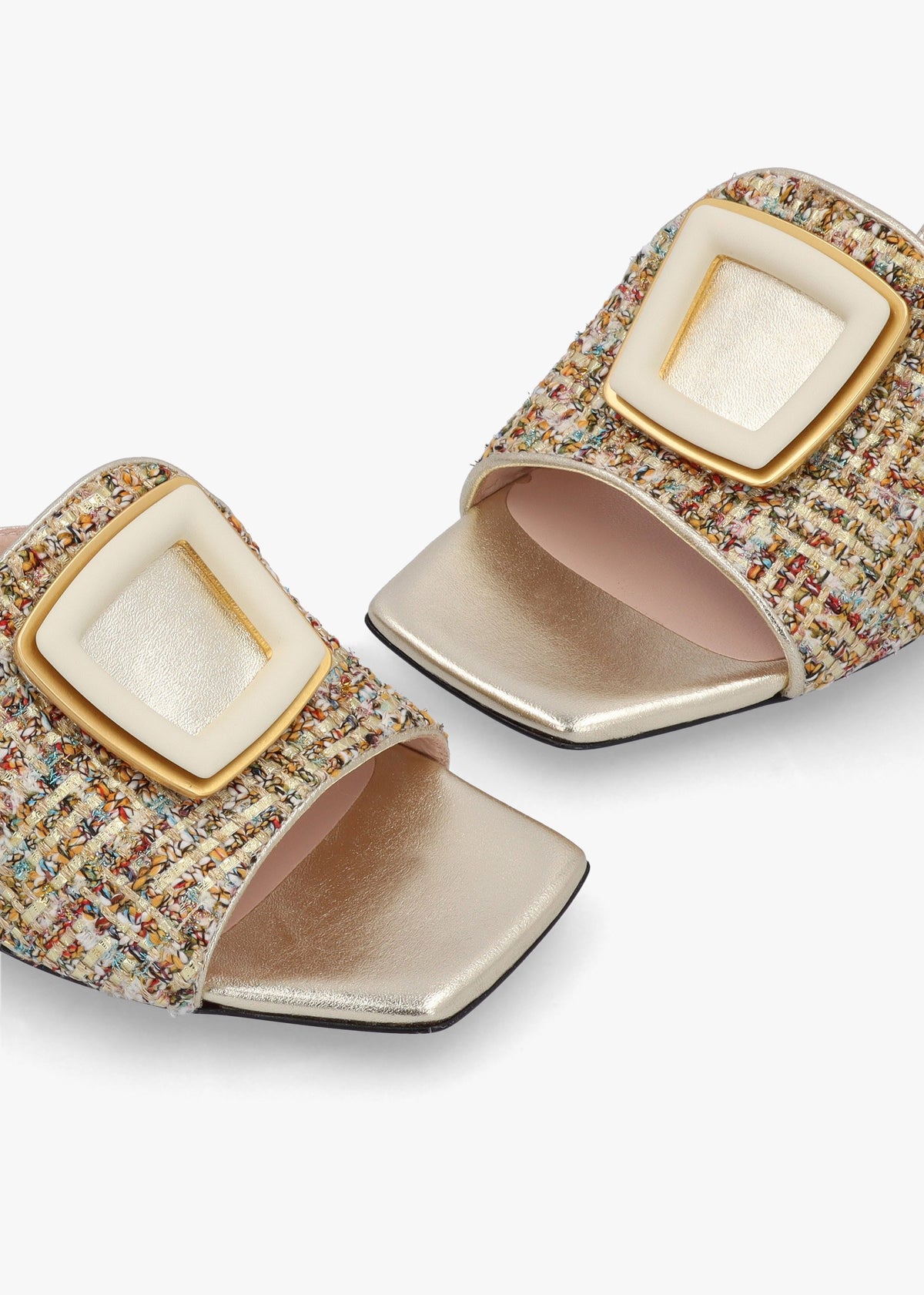 Gold Woven Block Heel Mules