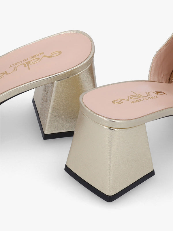 Gold Woven Block Heel Mules