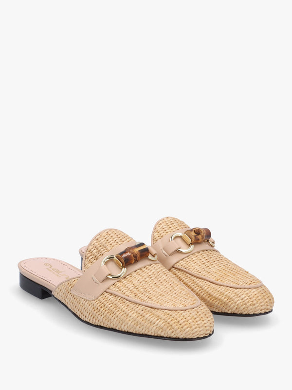 Beige Woven Raffia Backless Loafers