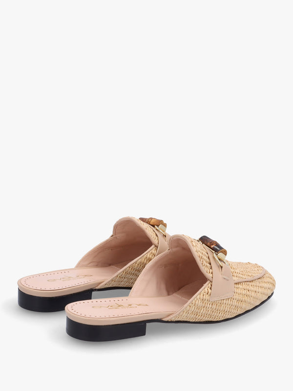 Beige Woven Raffia Backless Loafers