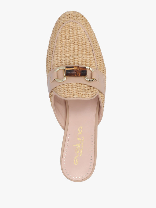 Beige Woven Raffia Backless Loafers