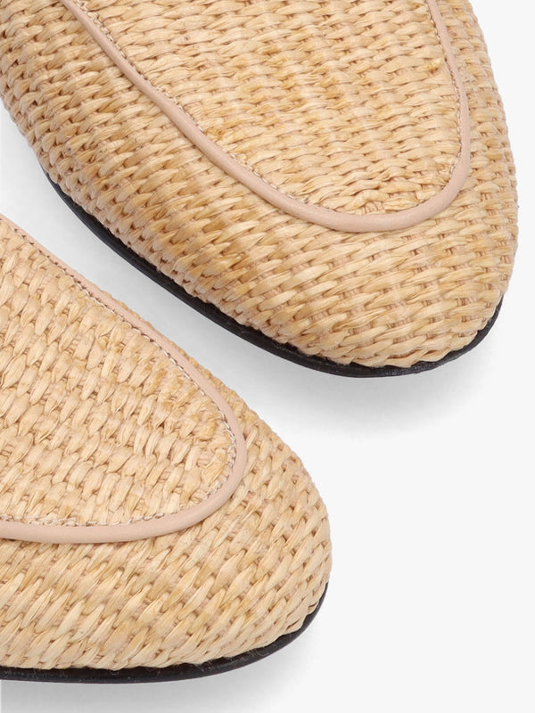 Beige Woven Raffia Backless Loafers