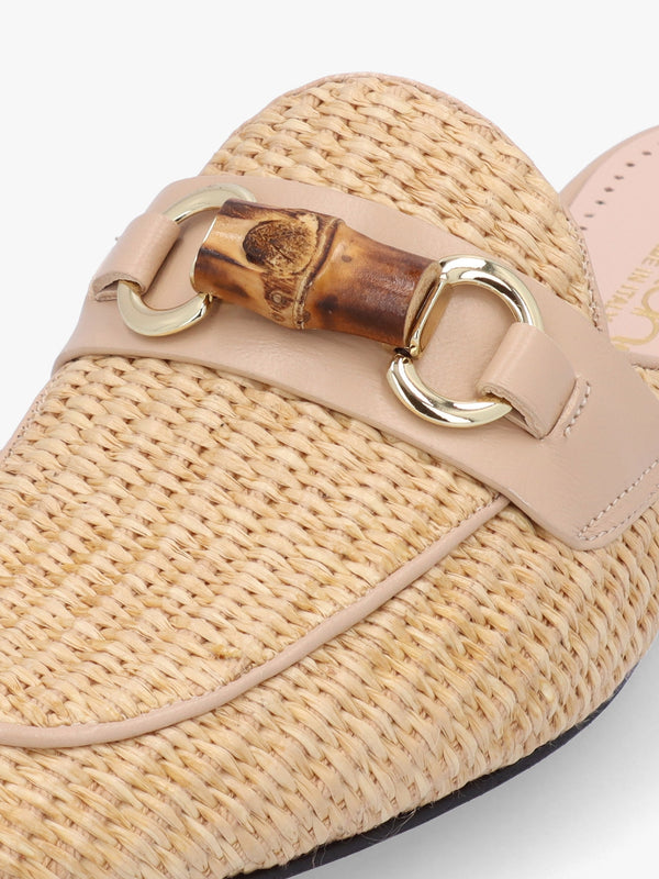 Beige Woven Raffia Backless Loafers