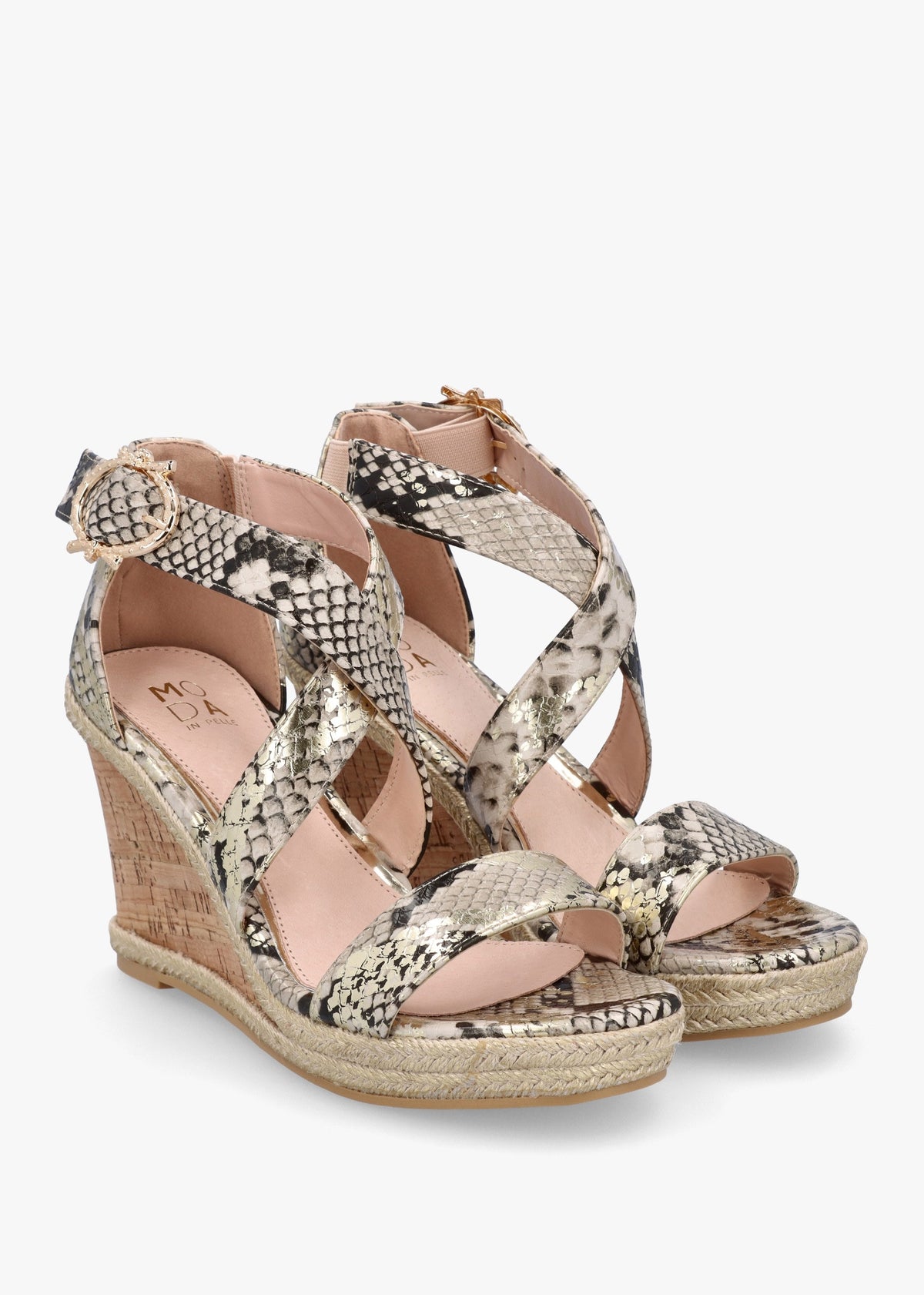 Pursuit Gold Reptile Wedge Sandals