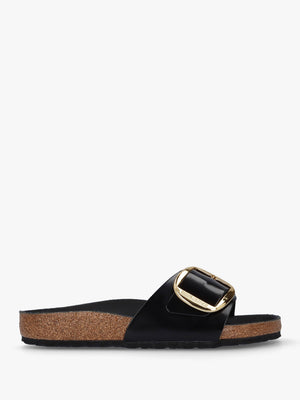 Madrid Big Buckle High Shine Black Leather Mules