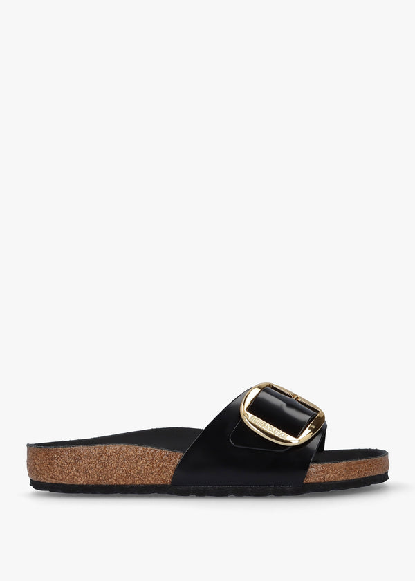 Madrid Big Buckle High Shine Black Leather Mules