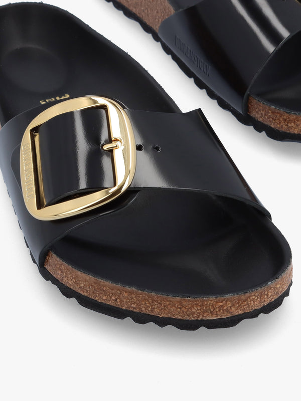 Madrid Big Buckle High Shine Black Leather Mules