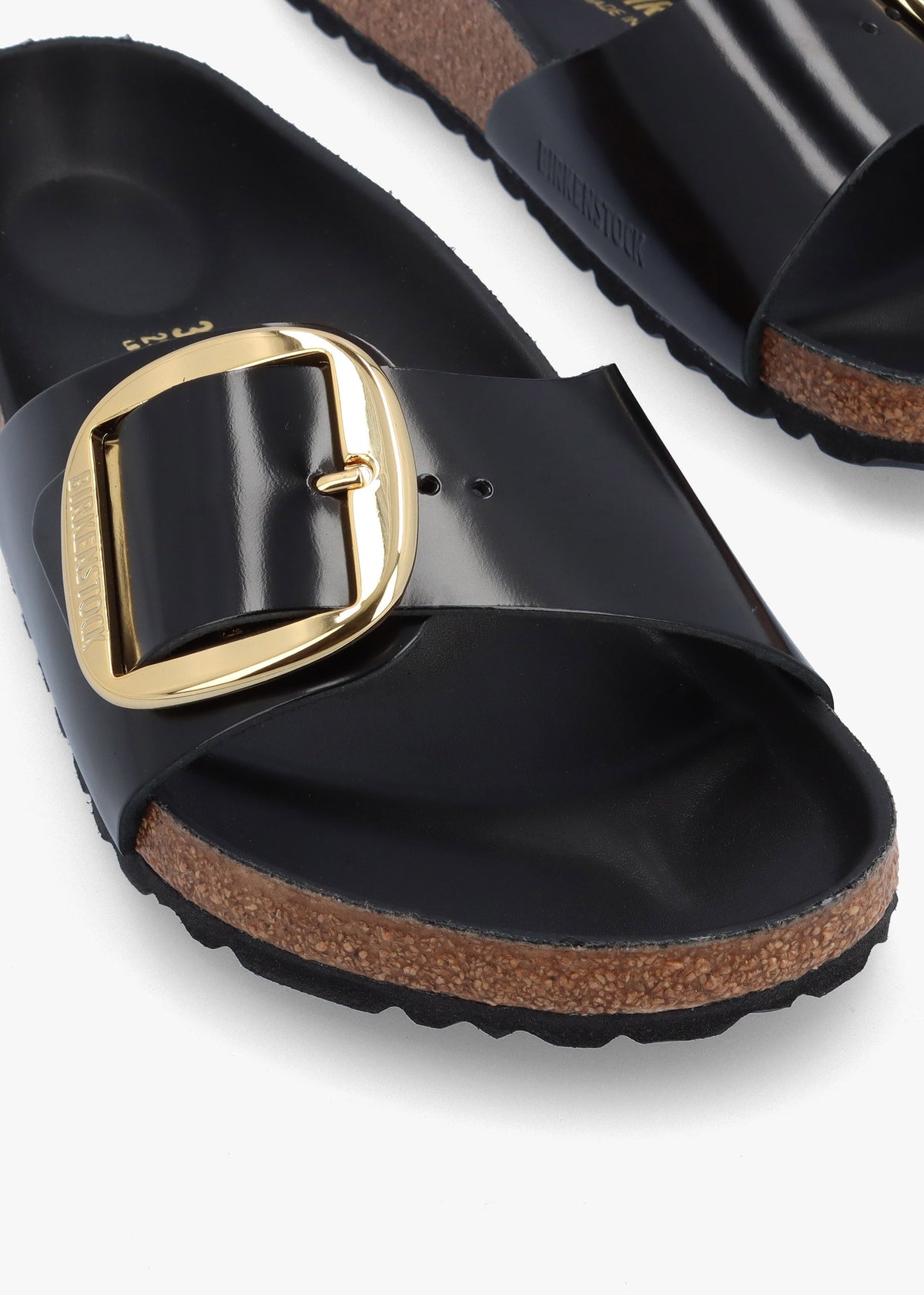 Madrid Big Buckle High Shine Black Leather Mules