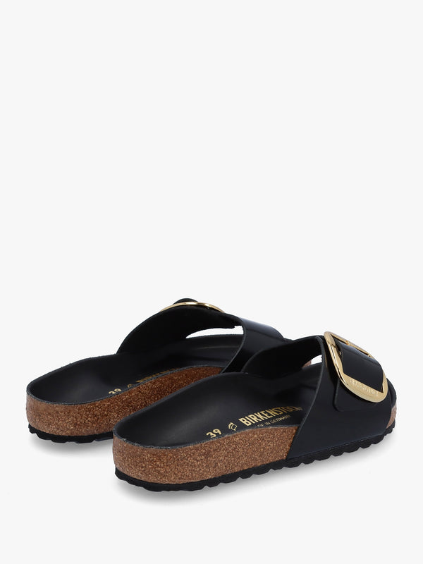 Madrid Big Buckle High Shine Black Leather Mules