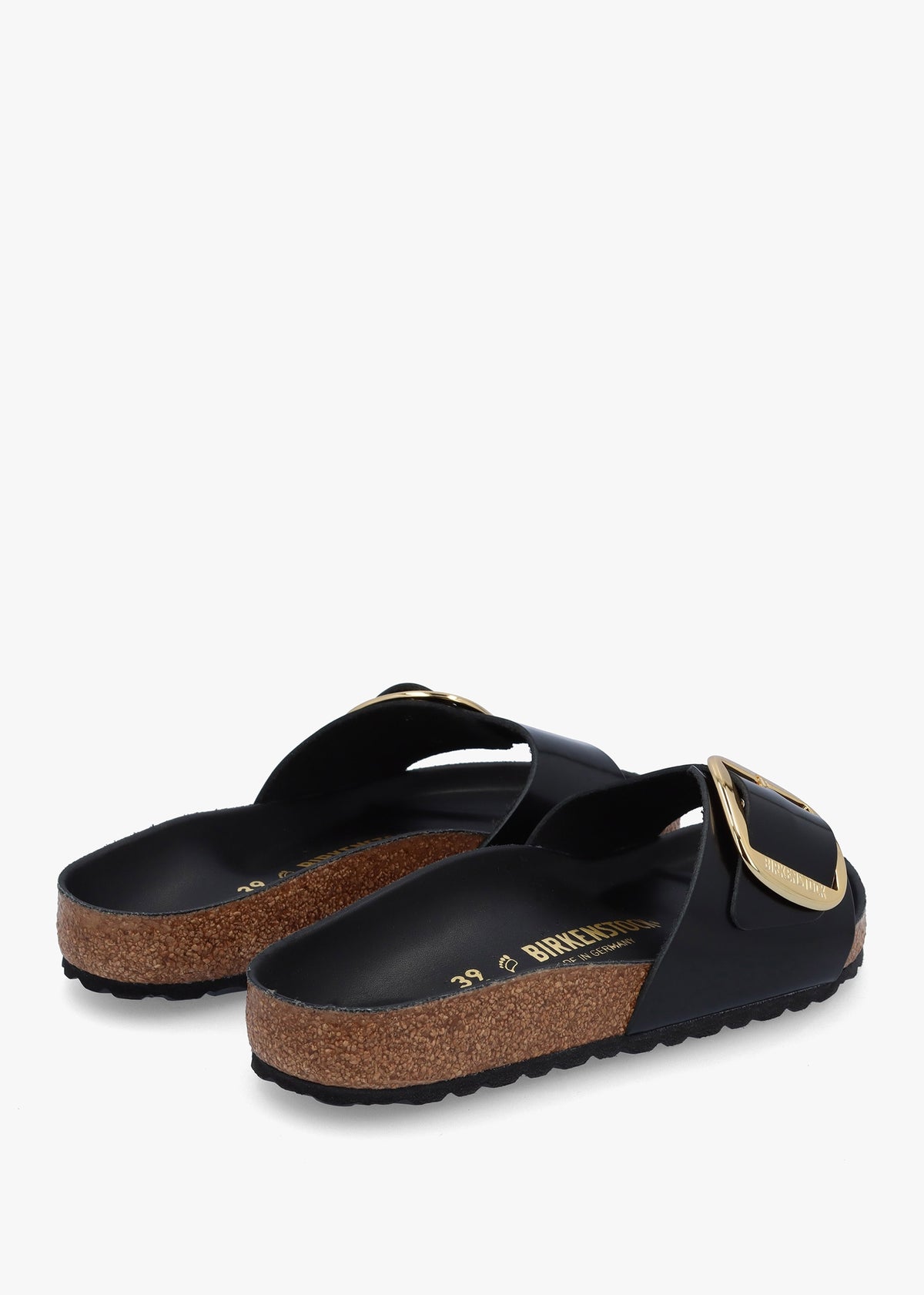 Madrid Big Buckle High Shine Black Leather Mules