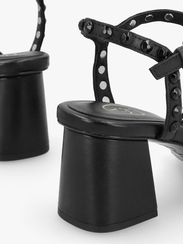 Jody Bis Black Leather Studded Block Heel Sandals