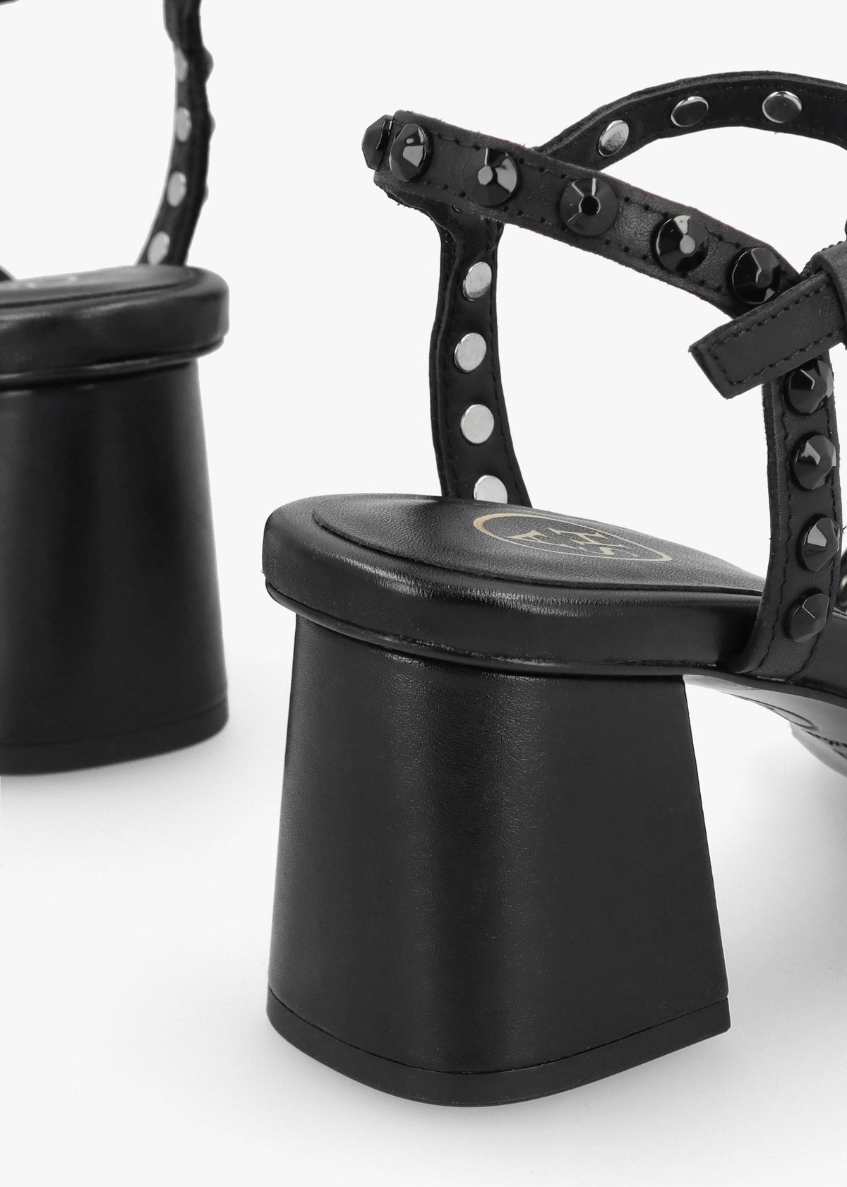 Jody Bis Black Leather Studded Block Heel Sandals