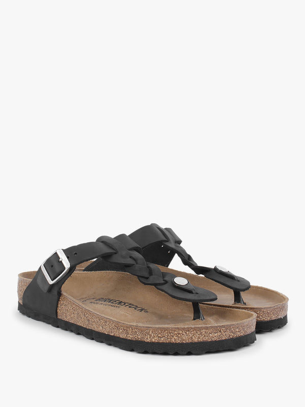 Gizeh Braided Regular Black Oiled Leather Toe Post Sandals