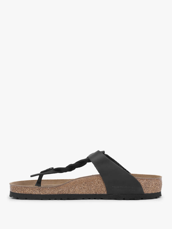 Gizeh Braided Regular Black Oiled Leather Toe Post Sandals