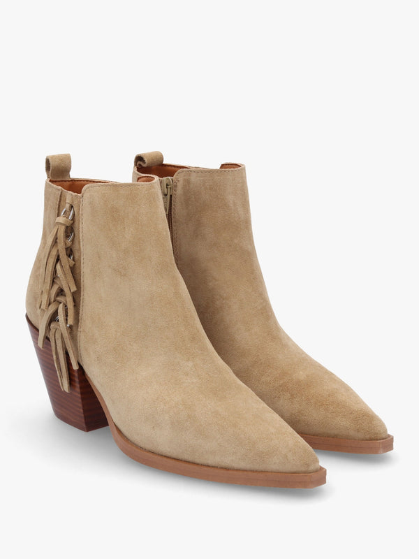 Baker Taupe Suede Fringed Stacked Heel Western Ankle Boots