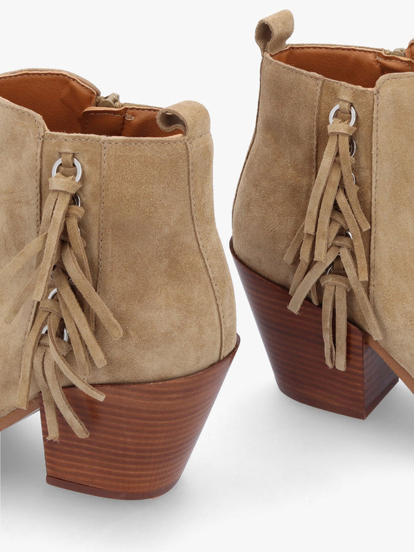 Baker Taupe Suede Fringed Stacked Heel Western Ankle Boots