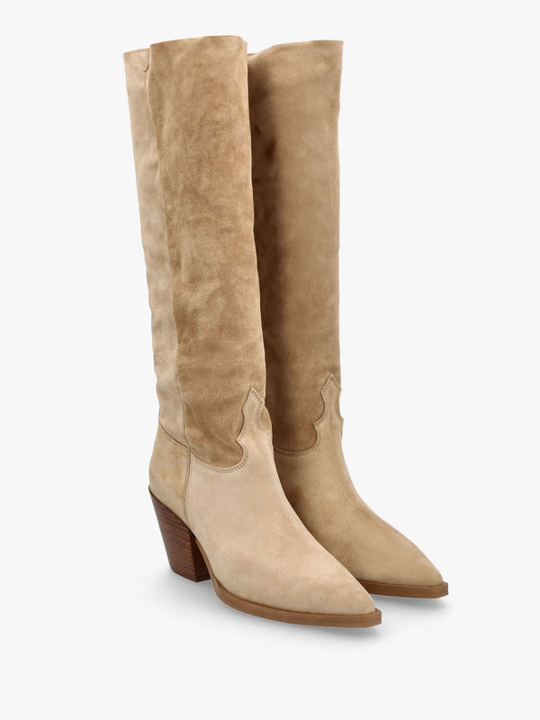 Bloomfield Beige Suede Stacked Heel Western Knee Boots