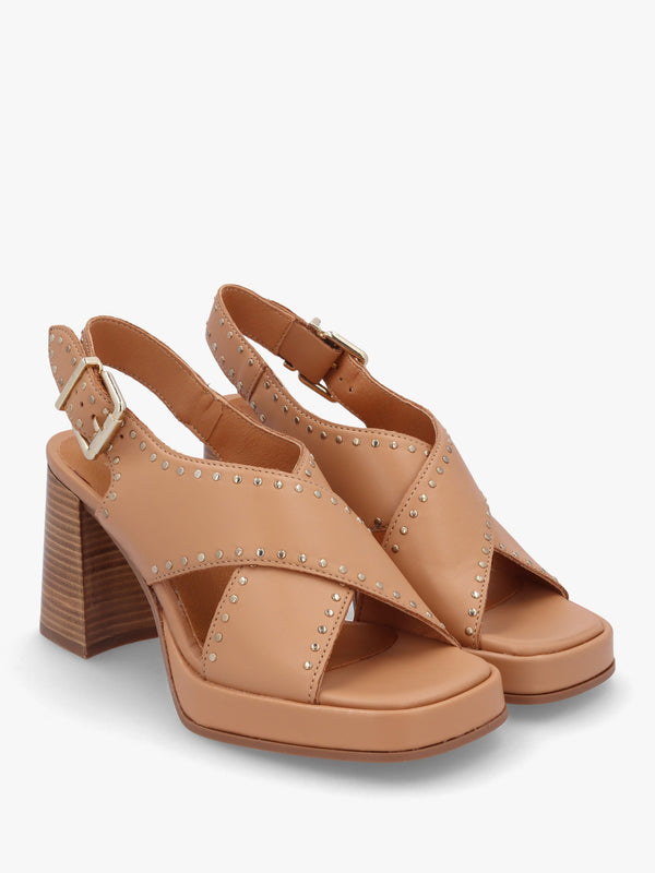 Clancy Tan Leather Studded Platform Block Heel Sandals
