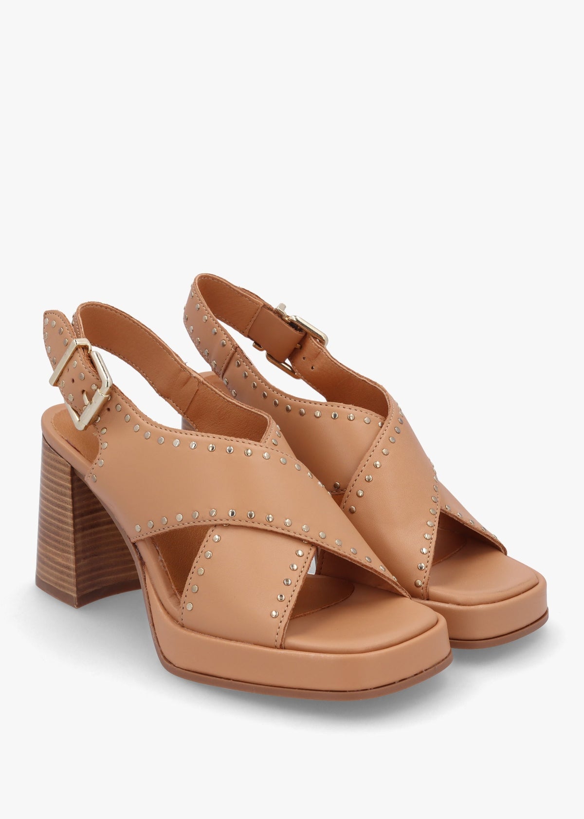 Clancy Tan Leather Studded Platform Block Heel Sandals