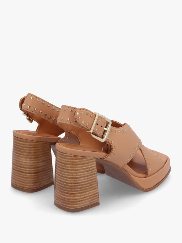 Clancy Tan Leather Studded Platform Block Heel Sandals