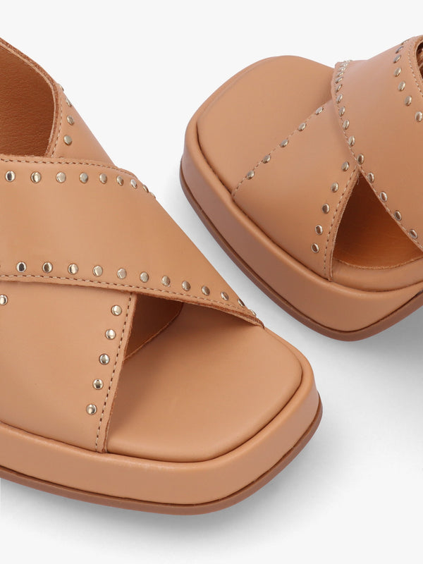 Clancy Tan Leather Studded Platform Block Heel Sandals