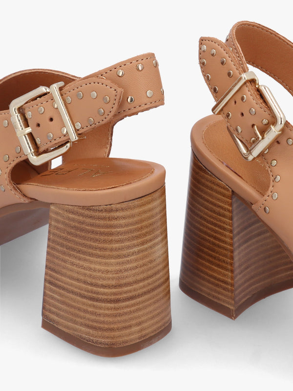 Clancy Tan Leather Studded Platform Block Heel Sandals