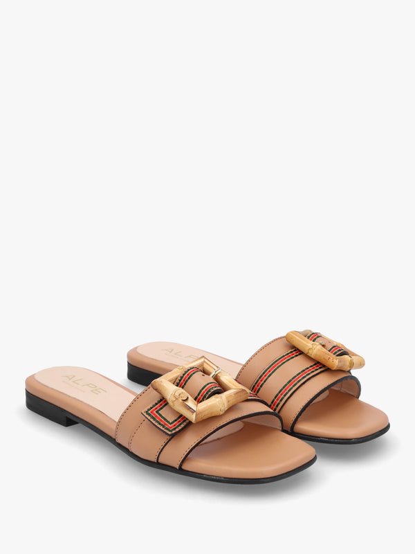 Ellis Tan Leather Bamboo Buckle Flat Mules