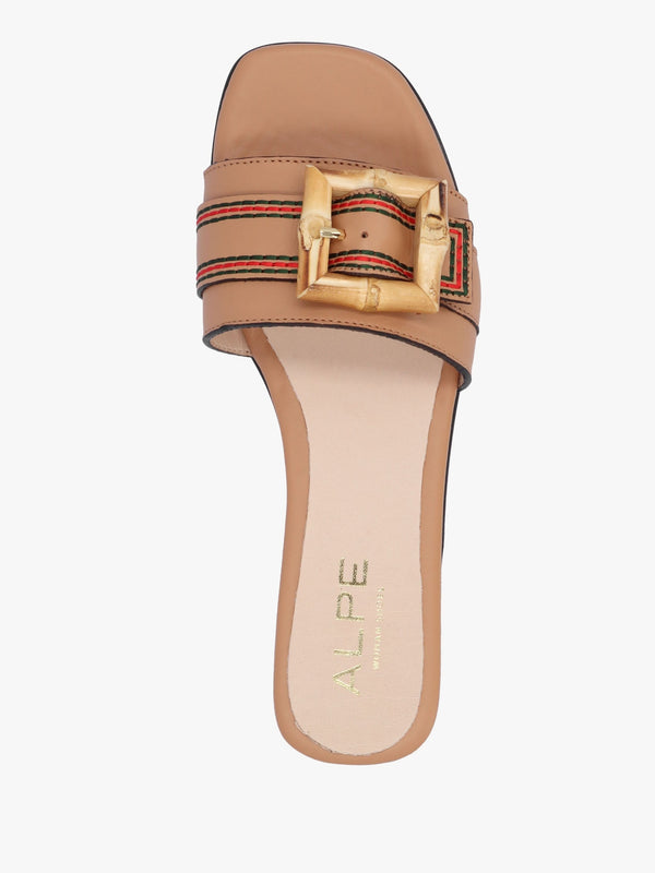 Ellis Tan Leather Bamboo Buckle Flat Mules