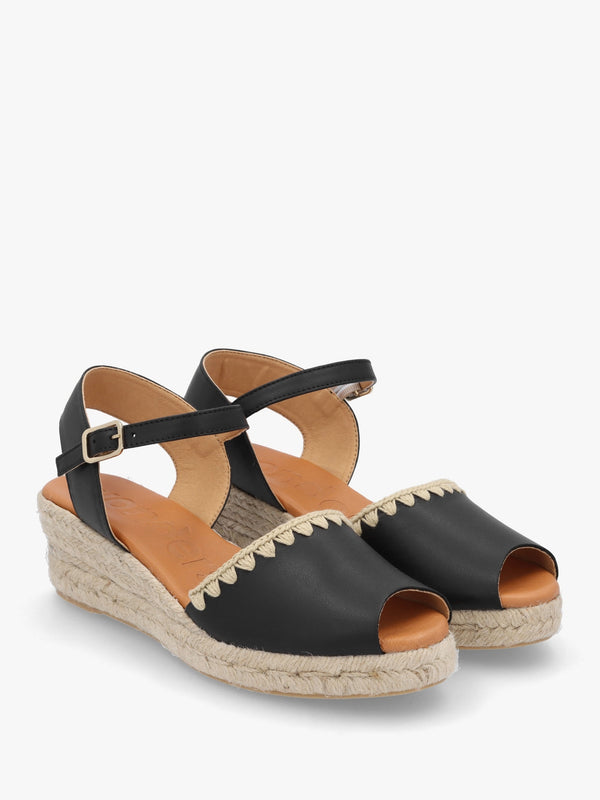 Ipanema Black Leather Low Wedge Espadrilles