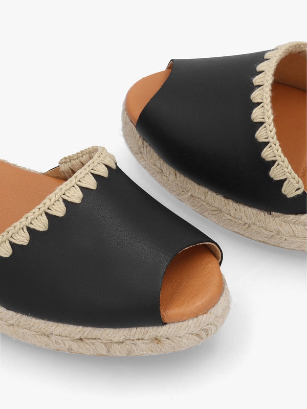 Ipanema Black Leather Low Wedge Espadrilles
