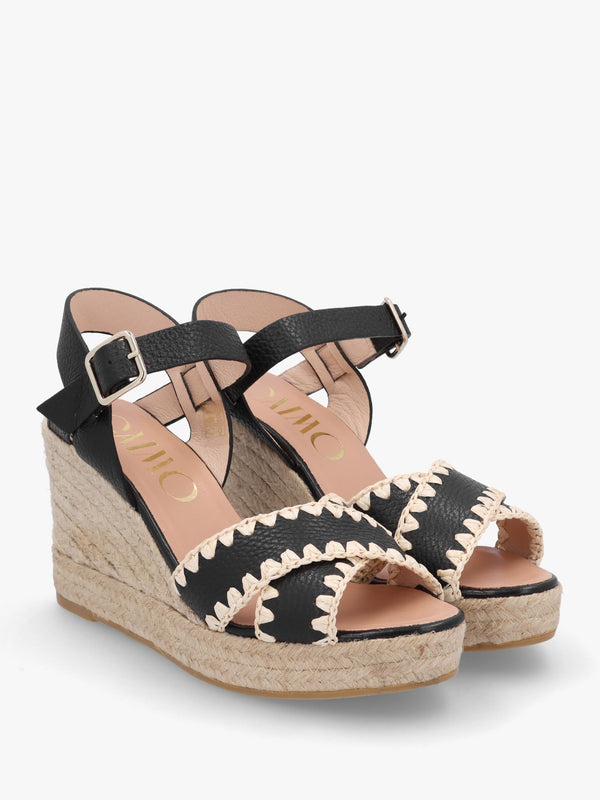 Alf Black Leather Wedge Espadrille Sandals