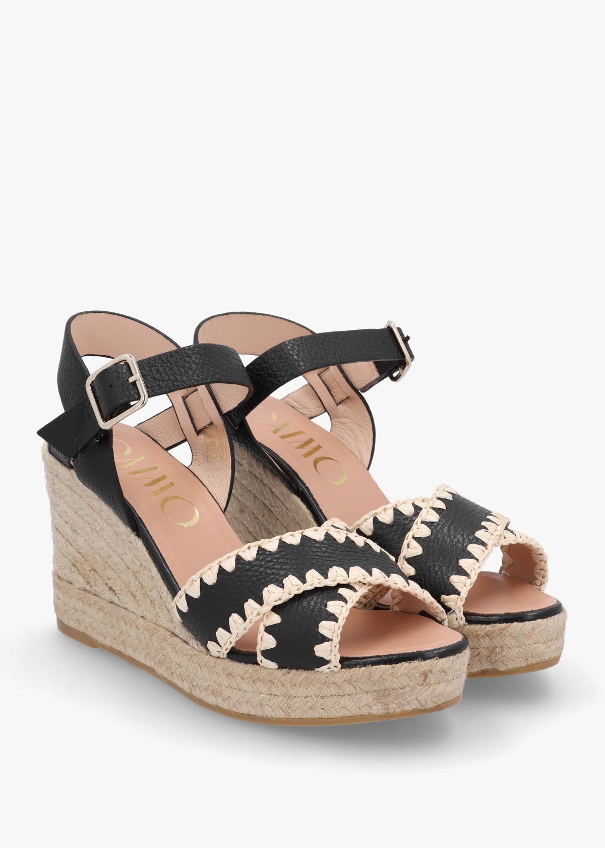 Alf Black Leather Wedge Espadrille Sandals