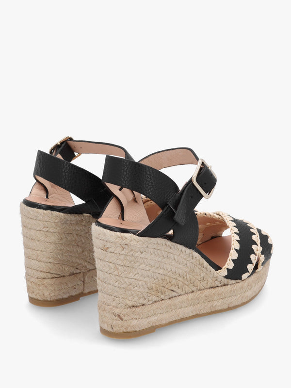 Alf Black Leather Wedge Espadrille Sandals