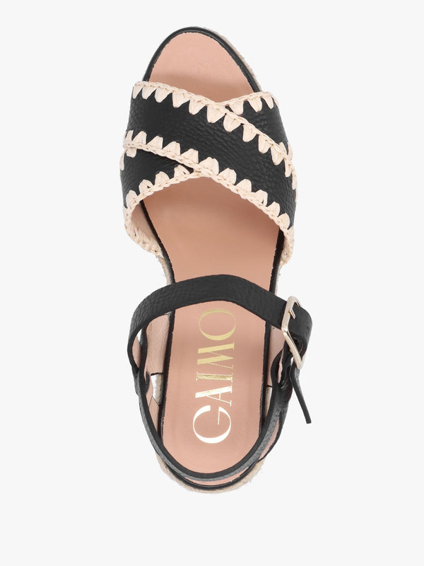 Alf Black Leather Wedge Espadrille Sandals