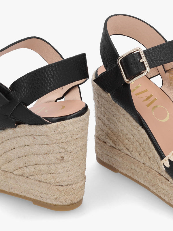 Alf Black Leather Wedge Espadrille Sandals
