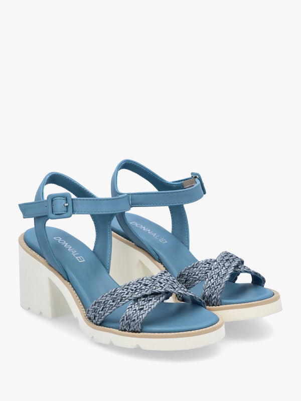 Bali Blue Leather Woven Block Heel Sandals
