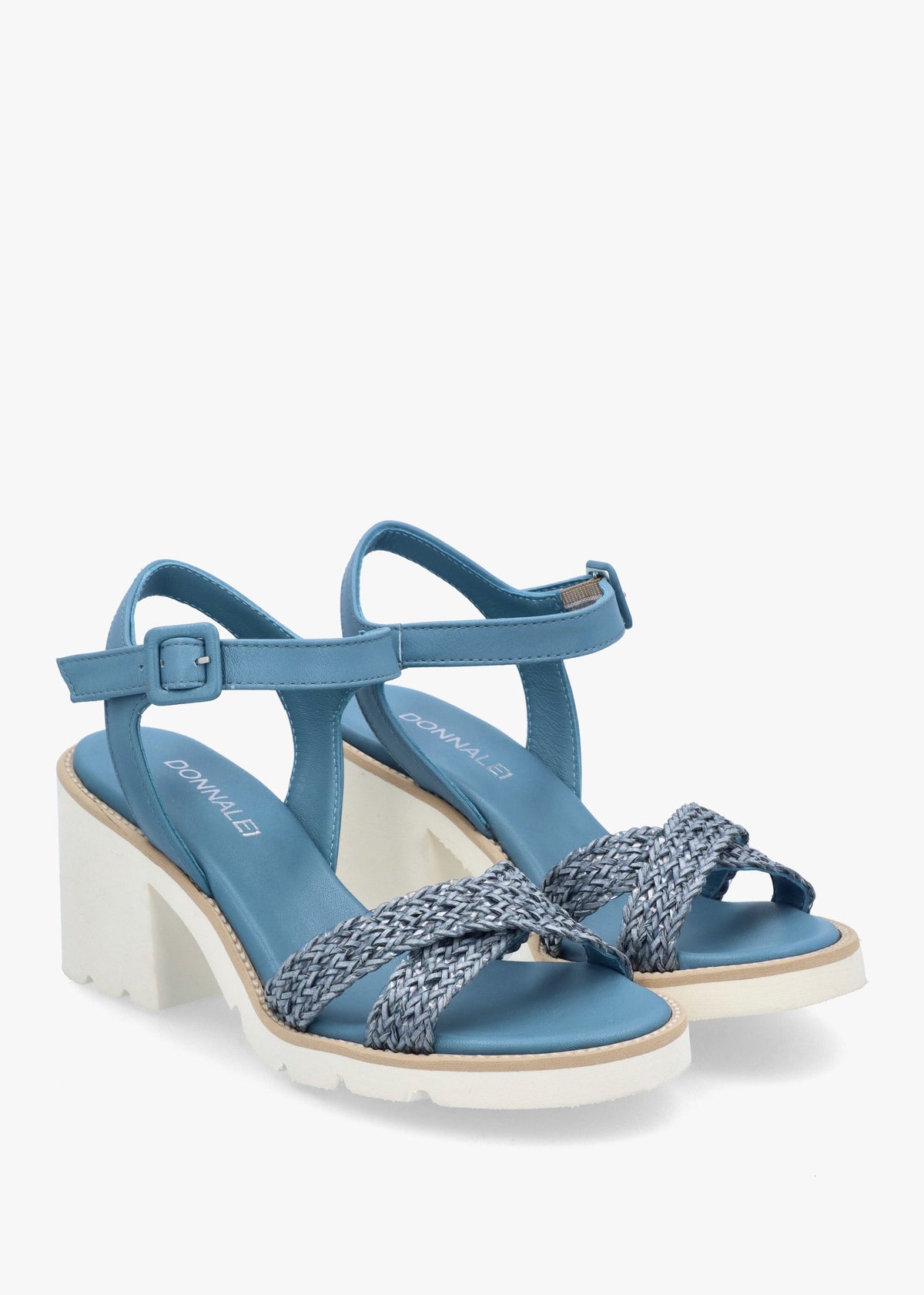 Bali Blue Leather Woven Block Heel Sandals
