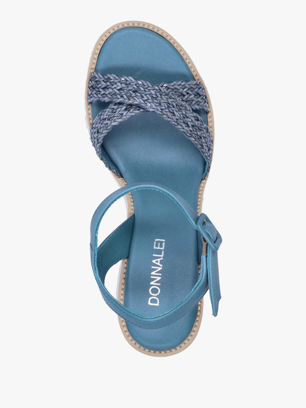 Bali Blue Leather Woven Block Heel Sandals