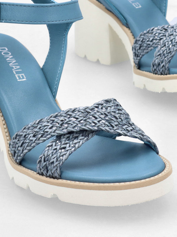 Bali Blue Leather Woven Block Heel Sandals